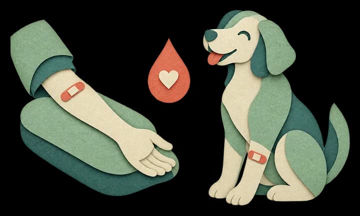 Una persona con un cerotto sul braccio e un cane con un bendaggio alla zampa, accanto a una goccia di sangue: si dona il sangue, per le persone e per gli animali